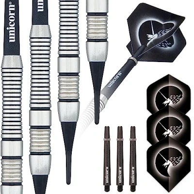 Abbildung von ‎Unicorn Core Plus Satinlux Dartpfeile mit weicher Spitze, Silber/schwarz, 18 g