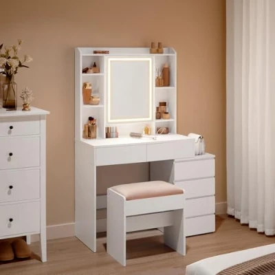 Abbildung von VASAGLE Schminktisch mit LED Beleuchtung, Frisiertisch Spiegel, Schubladen, offenen Fächern, verstellbaren Ablagen, Hocker, einstellbare Helligkeit, modern, wolkenweiß RDT125W01