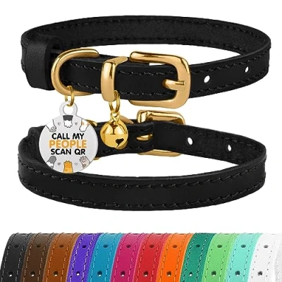 Abbildung von BRONZEDOG Katzenhalsband aus Leder mit Glöckchen, Nicht abreißbar, QR Tag für Mädchen und Jungen (Schwarz Gold, 23 28 cm)