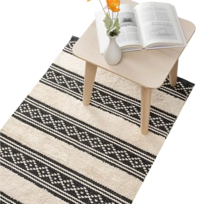 Abbildung von Wolldecke Teppich Läufer für Schlafzimmer 80 x 150 cm waschbar, HOMELEVEL, Waschbarer Bedroom Carpet Helles Schwarz Weiß