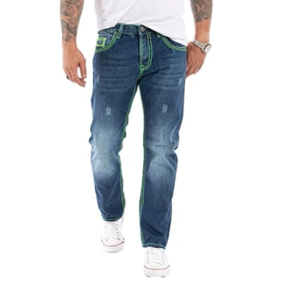 Abbildung von Rock Creek Herren Jeans Hose Comfort Fit Dicke Nähte Herrenjeans Herrenhose Denim Stonewashed Basic Weites Bein Raw RC 2271 Blau W44 L36