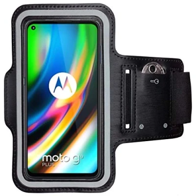 Abbildung von CoverKingz Sportarmband für Motorola Moto G9 Plus Armtasche mit Schlüsselfach Oberarm Halterung Sport Laufarmband Handy Armband Schwarz