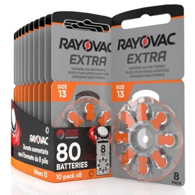 Abbildung von 80 Batterien für Hörgeräte Rayovac Extra Größe 13. 10 Blister mit 8