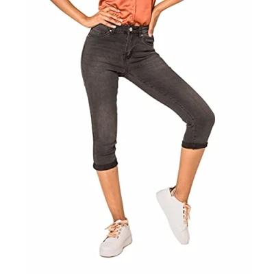 Abbildung von Nina Carter P132 Damen Capri Skinny Fit Jeanshosen HIGH Waist Jeans Used Look Waschungseffekt, Dunkelgrau (P132 3), XL