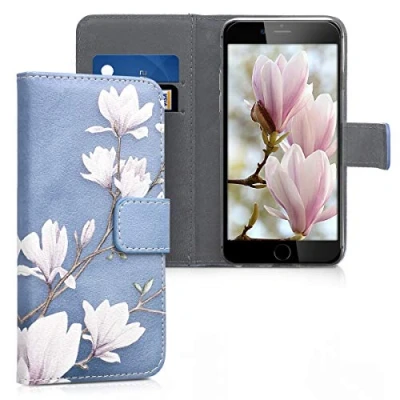 Abbildung von kwmobile Wallet Case kompatibel mit Samsung Galaxy J3 (2016) DUOS Hülle Cover Ständer und Kartenfächern Magnolien Taupe Weiß Blaugrau