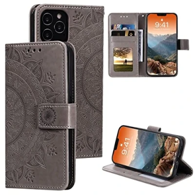 Abbildung von CoverKingz Handytasche kompatibel mit iPhone 12 Pro Max Handy Case Kartenfach Handyhülle Flipcase klappbar Motiv Mandala Grau