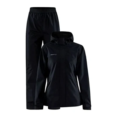 Abbildung von Craft CORE EXPLORE RAIN SET Regenhose Damen und Regenjacke XXL Black mit Netzfutter, zwei Seitentaschen, verstellbarem Kordelzug an Saum Kapuze Wasserdichte Hose Jacke