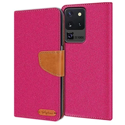 Abbildung von Verco kompatibel mit Samsung Galaxy S20 Ultra Hülle, Schutzhülle für Tasche Denim Textil Book Case Flip Klapphülle Pink
