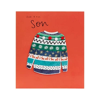 Abbildung von UK Greetings Weihnachtskarte für Sohn Festliches Pullover Design