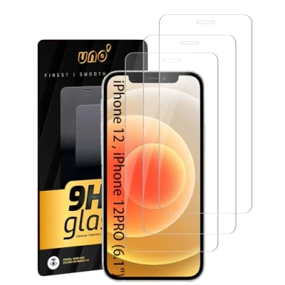 Abbildung von UNO&#039; 3 Stück Displayschutz für iPhone 12/12 Pro (6.1&quot;). Anti Fingerabdruck, Kratzfest, Oberflächenhärte 9H, Blasenfrei, Ultra beständig, transparent.