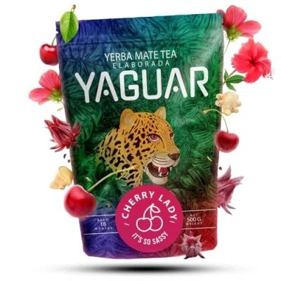 Abbildung von Yaguar Cherry Lady 0,5kg Verführerischer Mate Tee mit Kirsche und Hibiskus Würziger Geschmack des Tees aus Brasilien Natürliche Anregung 500g