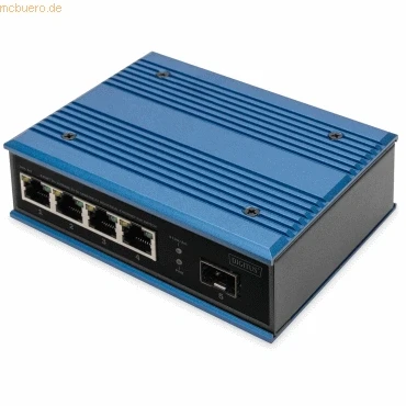 Abbildung von DIGITUS PoE Netzwerk Switch 5 Port Fast Ethernet 4X RJ45 + 1x SFP Unmanaged 10/100 Mbit/s Hutschienen &amp; Wandmontage IP40 Industrial Serie Blau