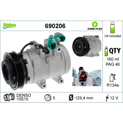 Abbildung von VALEO 690206 Kompressor 10S15 12 PAG 46 R 134a mit Kompressoröl HYUNDAI: Santa Fe I, Trajet, KIA: SORENTO 1