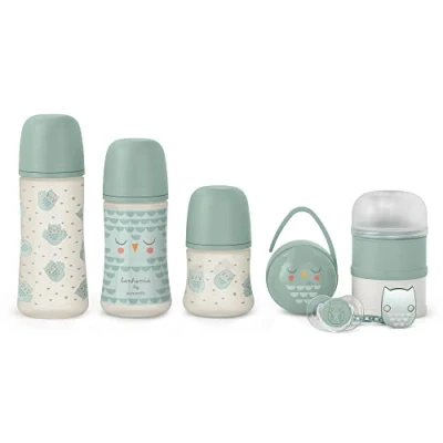 Abbildung von Suavinex, Babyflaschen Set, für Neugeborene. 3 x Anti Colic + Schnuller 0/6 Monate mit SX Pro physiologischer Sauger Milchpulver Portionierer Duo Schnullerbox Schnullerkette. Grün