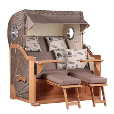 Abbildung von MR. DEKO® Strandkorb Baltikum 2,5 Sitzer Teak PE Geflecht Grey Volllieger Strandkörbe aus Teakholz mit 2 Bullaugen &amp; Fußablagen Polster 4 Kissen Strandstuhl (Dessin 540)