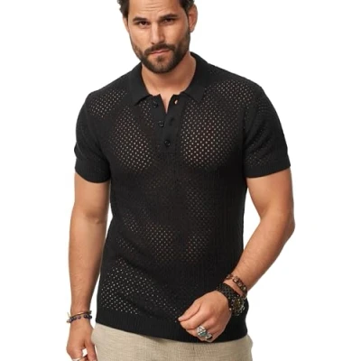 Abbildung von Soulstar Herren Poloshirt Crochet Kurzarm Knit Strick Polo T Shirt Freizeit Männer Hemd Men&#039;s Sommer Fit S2_Cavern Black M