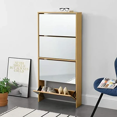 Abbildung von [en.casa] Schuhkipper Vogar Schuhschrank mit 4 Klappen verspiegelt Schuhkommode für 12 Paar Schuhe 134 x 63 17 cm Schuhaufbewahrung Eichenoptik
