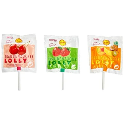 Abbildung von Frigeo Traubenzucker Lolly in drei Geschmacksrichtungen: Erdbeer, Tropic und Kirsch, 1000 Stück im Eimer (7,5 kg)