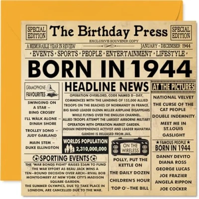Abbildung von Geburtstagskarte zum 80. Geburtstag für Männer und Frauen, Zeitung &quot;Born in 4,937.8 cm Happy 80 Birthday Card Großvater, Oma, Vintage Retro Stil, Back 1944, 145 mm x mm,
