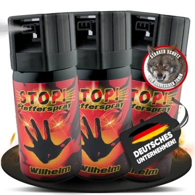 Abbildung von 3 Dosen Wilhelm Pfefferspray Tierabwehr Selbstverteidigung CS Gas KO Spray hochdosiert (ca. 2 Mio. Scoville) effektives Verteidigungsspray (Fog, 40 ml)