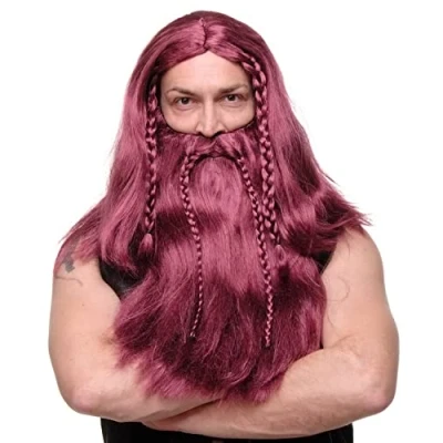 Abbildung von WIG ME UP Perücke &amp; Bart Herrenperücke Karneval Fasching Wikinger Barbar Viking Zwerg Germane Burgunderrot Rot lang geflochten RJ033 P67