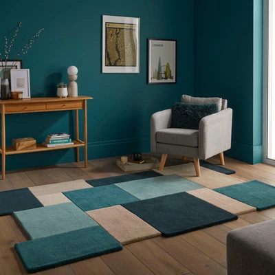 Abbildung von FLAIR RUGS Wollteppich &quot;Abstract Collage&quot;, rechteckig, 100% Wolle, Karo Design, Patchwork, modern, mehrfarbig
