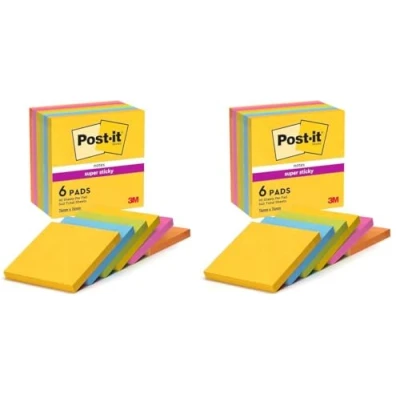 Abbildung von Post it Super Sticky Notes Carnival Collection, Packung mit 6 Blöcken, 90 Blatt pro Block, 76 x mm, Gelb, Blau, Grün, Pink Extra stark klebende Notizzettel für To Do Listen und Erinnerungen