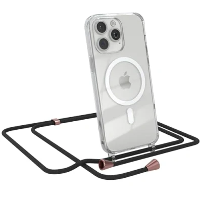 Abbildung von EAZY CASE Handykette kompatibel mit iPhone 15 Pro Max Kette zum Umhängen Stoßfest Handyhülle für Silikon Hülle Band Transparent als Fallschutz in Schwarz Clips Rosé