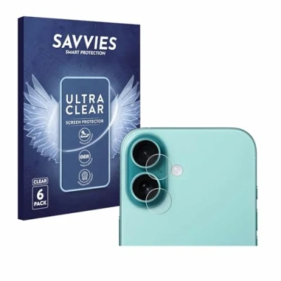 Abbildung von Savvies 6 Stück Schutzfolie für Apple iPhone 16 Plus (NUR Kameraschutz) Displayschutz Folie Ultra Transparent
