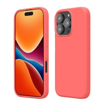 Abbildung von kwmobile Hülle kompatibel mit iPhone 16 Pro Silikon Handy Case Handyhülle weiche Oberfläche kabelloses Laden Neon Koralle