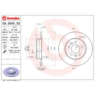 Abbildung von BREMBO 08.5645.50 Bremsscheibe 265 10,5 5 voll mit Schrauben RENAULT: LAGUNA 1, SAFRANE 2, 1 Grandtour