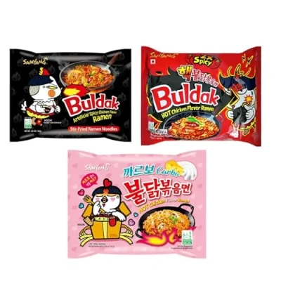 Abbildung von Samyang 3x Buldak Ramen Carbonara, Hot Chicken, 2 fach Spicy Chicken Set Probier Paket Stir Fry Noodles Geschenk