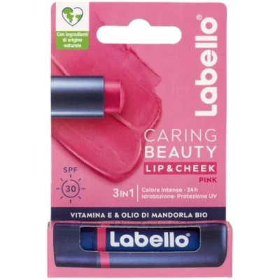 Abbildung von Labello Caring Beauty Lip &amp; Cheek Pink 4.8g Lippen und Wangen Lippenpflege mit einer pinken Note, getönter Lippenbalsam Blush Stick 2 in 1, feuchtigkeitsspendender Balm LSF 30 Schutz