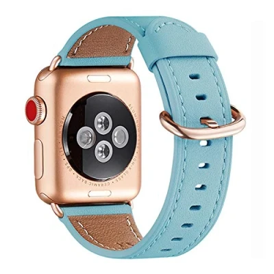 Abbildung von WFEAGL Kompatibel für Apple Watch Armband 40mm 41mm 38mm,Lederband Ersatzband Herren Damen iWatch Series 10/9/8/7/6/5/4/3/2/1,SE(38mm 41mm, Tiffany Blau+roségold Adapter)