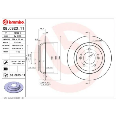 Abbildung von BREMBO 08.C823.11 Bremsscheibe 284 10 5 voll beschichtet hochgekohlt mit Schrauben KIA: CARENS 4