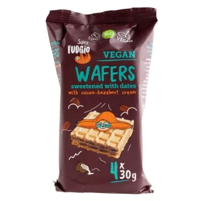 Abbildung von SUPER FUDGiO BIO Waffeln mit Kakao und Haselnusscreme Gesüßt Datteln statt Zucker ohne Palmöl Veganer Snack 4x30g (120g (1er Pack))