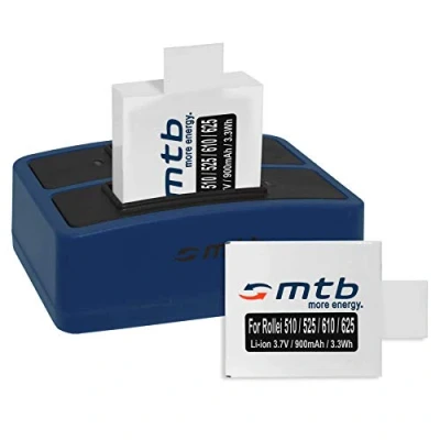 Abbildung von 2 Akkus + Dual Ladegerät (USB) für Rollei Actioncam AC 372, 510, 525, 610, 625 inkl. Micro USB Kabel