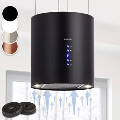 Abbildung von Klarstein Inselhaube, Dunstabzugshaube Umluft, Leise Abzugshaube für Kochinsel, Aktivkohlefilter, Inselhauben Freihängend Kronleuchter Design, 3 Stufen mit Filter, 558m3/h Luftstrom