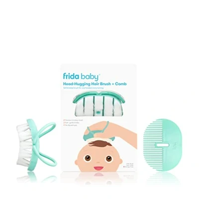 Abbildung von Frida Baby Haarbürste und Kamm Set Flexi Bürstenzähler zum Kopf, weiche Borstenbürste, für Neugeborene älter + Aufbewahrungsbox