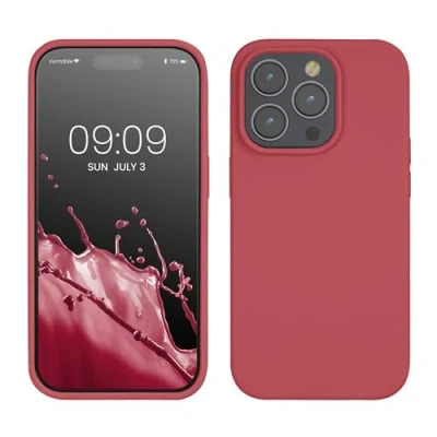 Abbildung von kwmobile Hülle für das iPhone 14 Pro dünnes Silikon Handy Case stoßfeste Handyhülle mit weicher Oberfläche unterstützt kabelloses Laden Dark Rose