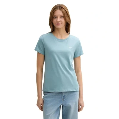 Abbildung von TOM TAILOR Denim Damen Basic T Shirt aus Baumwolle mit Print, 30838 Tourmaline, XL