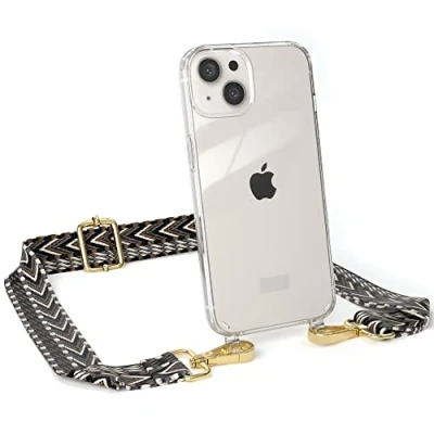 Abbildung von EAZY CASE Handykette Verstellbarer Gurt kompatibel mit iPhone 13, Schulterriemen, Flache Kordel, Handykordel Hülle, Hülle Kette, Grau/Schwarz Metall Gold