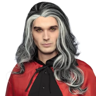 Abbildung von Boland 86083 Vampir Perücke Angry Louis für Erwachsene, lange Kunsthaare in Weiß und Schwarz, Halloween, Wig