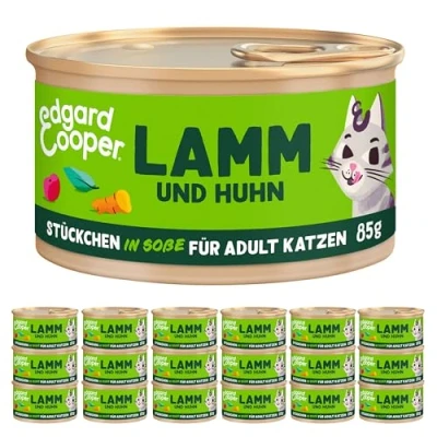 Abbildung von Edgard &amp; Cooper Nassfutter für Katzen, (Lamm Huhn, 85g x 18), Katzenfutter nass in Sauce ohne Zucker und Getreidefrei, voll von frischem Fleisch, sterilisierte aktive Katzen