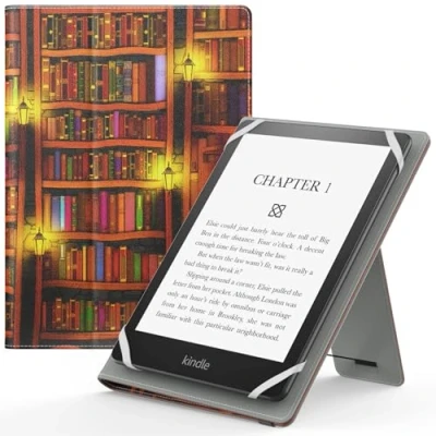 Abbildung von MoKo Universal Hülle für 6 6,8 7 Zoll Schutzhülle mit Handschlaufe &amp; Verstellbarem Ständer Kobo Clara 2E/Fire Tablet/Kindle/Kobo/Voyaga/Lenovo/Sony Kindle eBooks E Reader Tablet, Retro Bibliothek