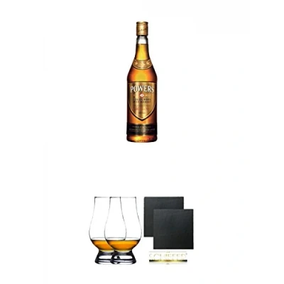 Abbildung von John Powers Gold Label Irish Whiskey 0,7 Liter + The Glencairn Glass Whisky Glas Stölzle 2 Stück Schiefer Glasuntersetzer eckig ca. 9,5 cm Ø