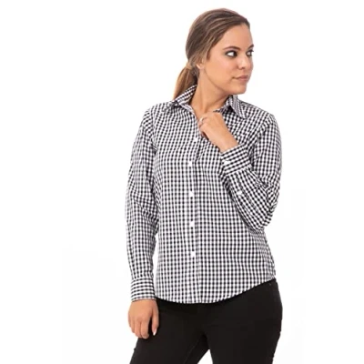 Abbildung von Chef Works Damen Gingham Kleid Shirt, Schwarz/Weiß kariert, Mittel