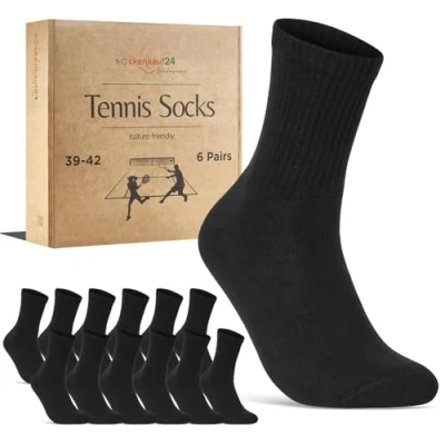 Abbildung von Herren Tennissocken (6 Paar) Sportsocken mit verstärkter Ferse &amp; Fußspitze, gepolsterte Sohle Baumwolle Atmungsaktive Retro Crew Socken 70107T (Schwarz 39 42)