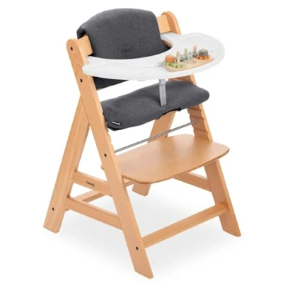 Abbildung von hauck Kinder Hochstuhl Alpha Plus inkl. Play Tray Basis, Spielaufsatz Repairing &amp; Sitzpolster Mitwachsender Babystuhl aus Holz, Kinderhochstuhl ab 6 Monate, verstellbar Natur