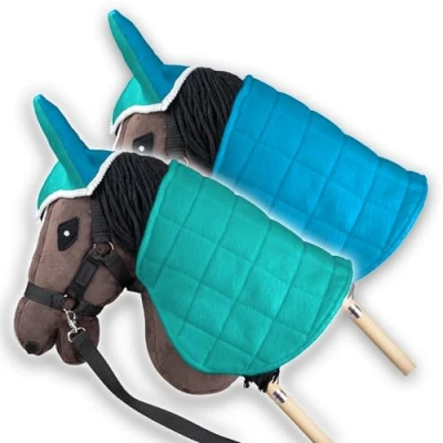 Abbildung von SKIPPI Wendbare Decke und Fliegenhaube für Hobby Horse Mint Blaue, Zubehör, Zweifarbige Pferdedecke Fliegenohren Steckenpferd, meisten Pferde A3 A4